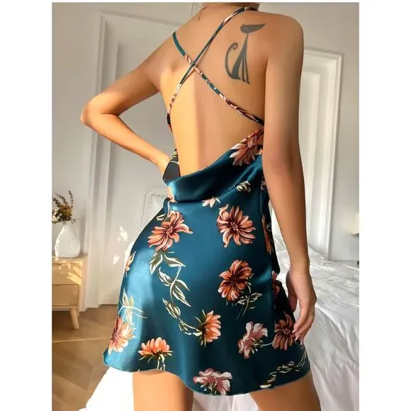 Women's Teal Floral Silk Adjustable Strap Open Back Drape Mini Night Dress - Picture 2 of 6